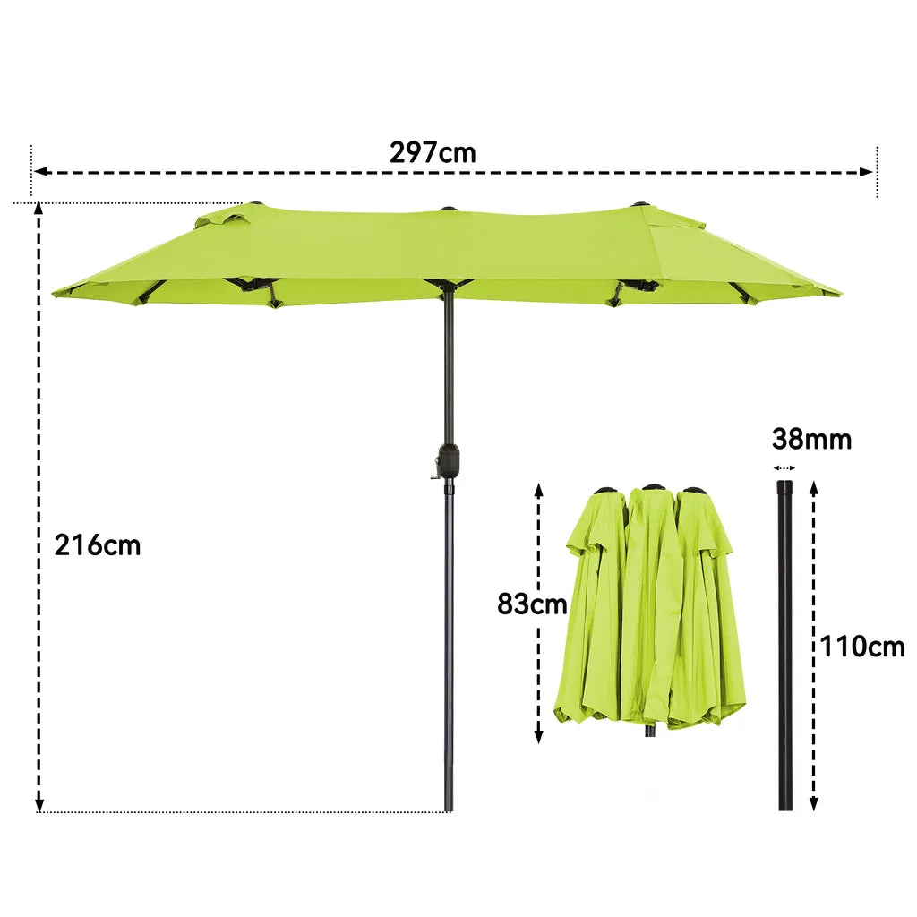 Angel Living dubbele parasol - 2,97 x 1,53 m - met zwengel - UPF 50+ - appelgroen