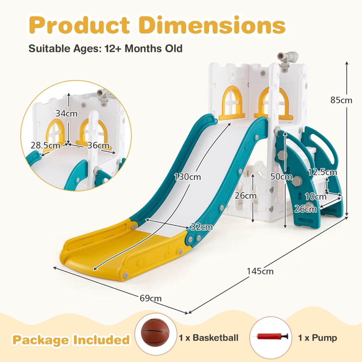 Coast 6-in-1 Kinderglijbaan - met basketbalring en telescoop - L-vorm - groen