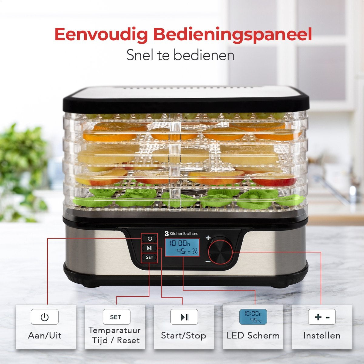KitchenBrothers Voedseldroger - Elektrisch 380W - 5 Laags - 9 Hitte-niveaus - 35°C tot 75°C - LCD Display - Timer - RVS/Zwart