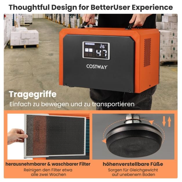 Coast Bouwdroger Oranje – Industriële Luchtontvochtiger 60L per Dag met Afvoerslang en 24-uurs Timer – 49 x 31,5 x 32 cm