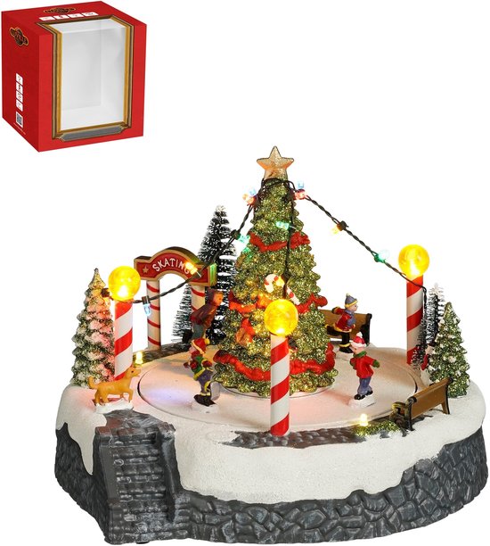 Luville Kerstdorp Kerstboomscène met Schaatsbaan - Kerstversiering met Bewegende Figuren en LED-verlichting - Guirlande op Batterijen - Kerstslingers voor Binnen - 22 x 22 x 18,5 cm - Wit