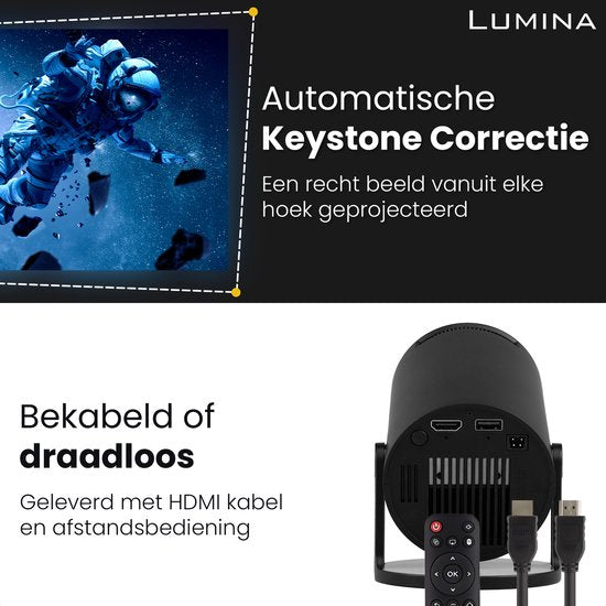 Lumina® Pro Mini Beamer 2026 – Android 14 Smart Projector met Google Playstore – Thuisbioscoop – Voor iOS & Android – WiFi 6 & Bluetooth 5.4 – Zwart