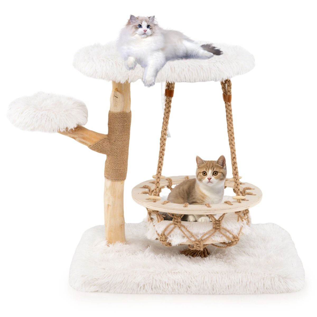 Coast Krabpaal voor Katten - Massief hout met hangwieg en sisal - Natuur en wit - 64 x 44 x 66 cm
