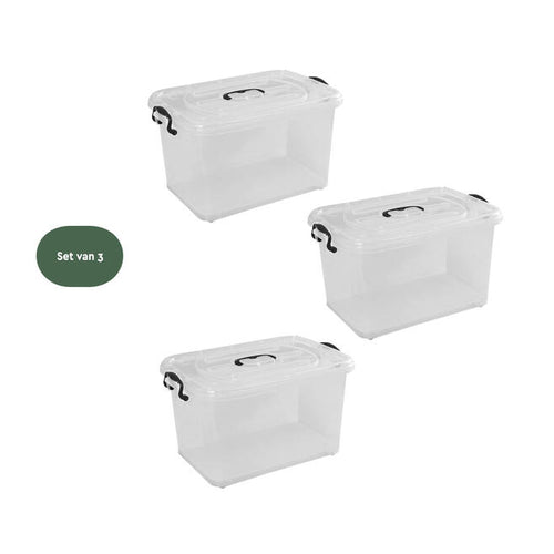 BRASQ Opbergbox Set van 3 – 20 Liter – Transparant – 39x29x18 cm – Stapelbare Kunststof Opbergdozen