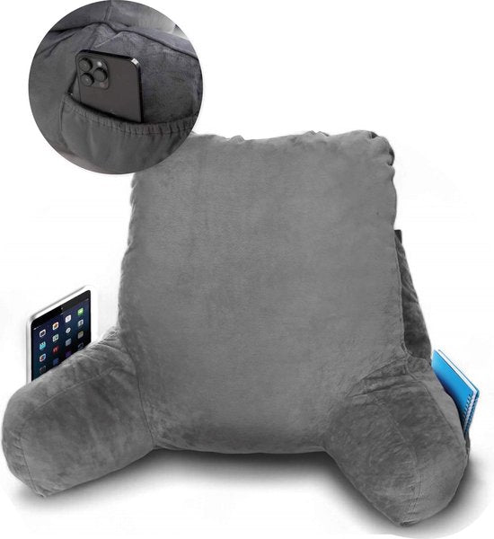 Leeskussen - Voor in bed - Met 3 opbergvakken - Rugkussen bank - zitkussen - Lende - Rug kussen onderrug - Lees - Kussens - Knuffel - Steun - Boeken - book - Seat - Grijs