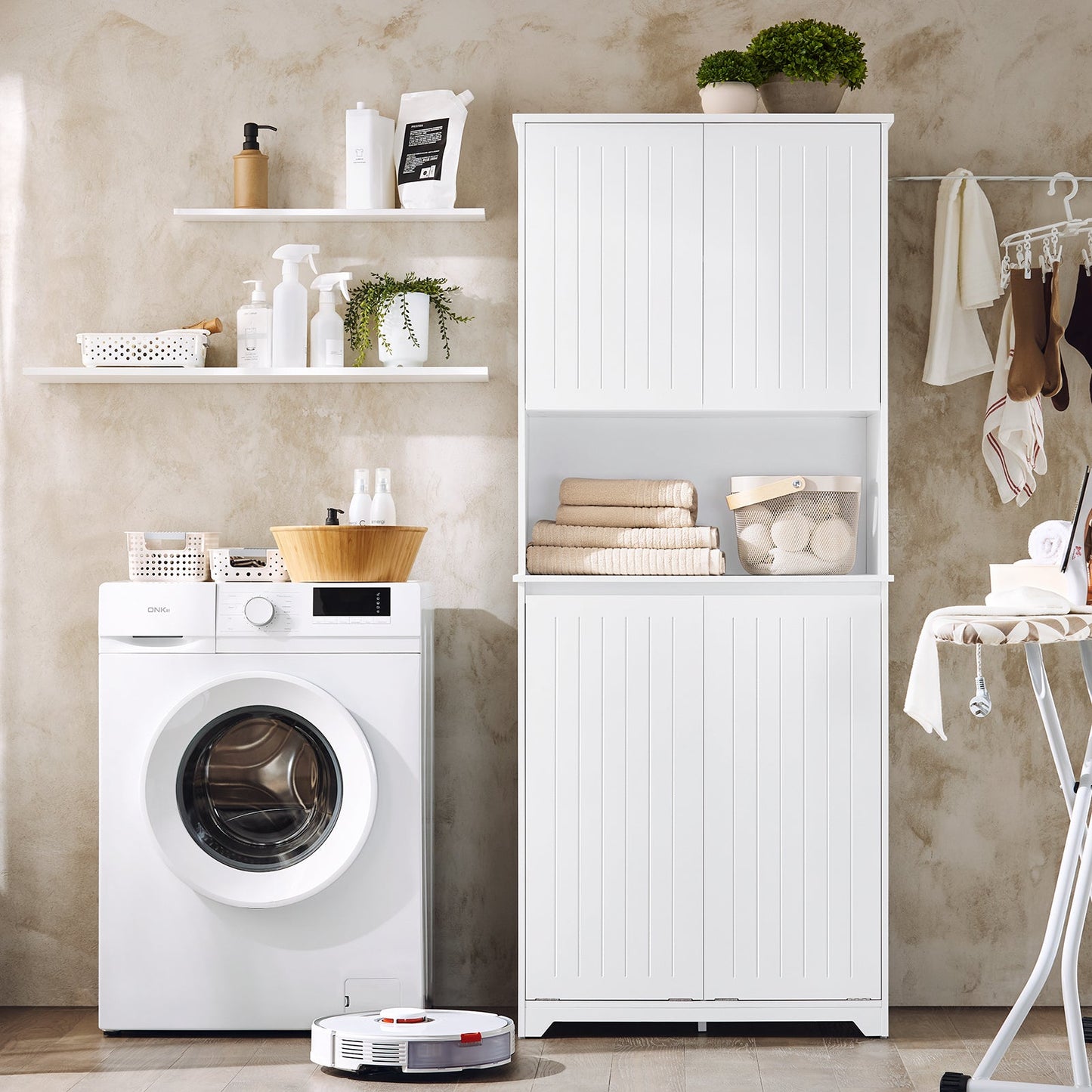 SoBuy BZR150-W Hoge Badkamerkast met Waszak - Wit - 70x37x170 cm