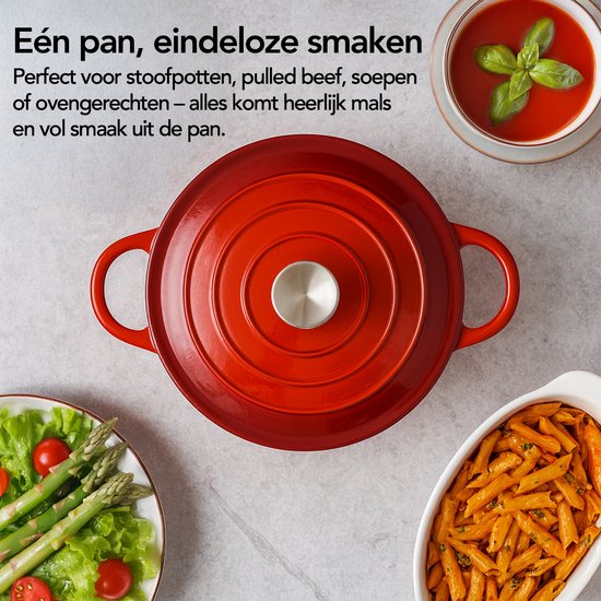 Aviro Gietijzeren Braadpan - Ø26CM - 5L - Alle Warmtebronnen Incl. Inductie - Stoofpot - PFAS-vrij - Met Deksel - Rood
