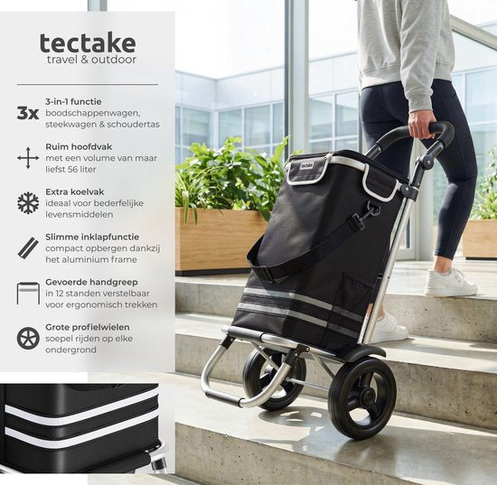 tectake® 3-in-1 Boodschappentrolley met Koelvak - Opvouwbaar - 56L Inhoud - Boodschappenwagen - Boodschappenkar - Ook als Steekwagen en Boodschappentas - Met Sleutelhanger en Winkelwagenmunt - Zwart