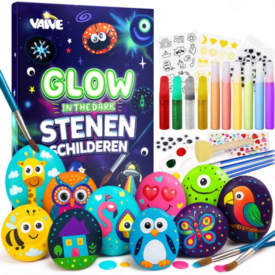 Vaive Stenen Schilderen 61-delig – Glow in the Dark Happy Stones – Knutselen - Knutselset voor Meisjes & Jongens - Knutselpakketten