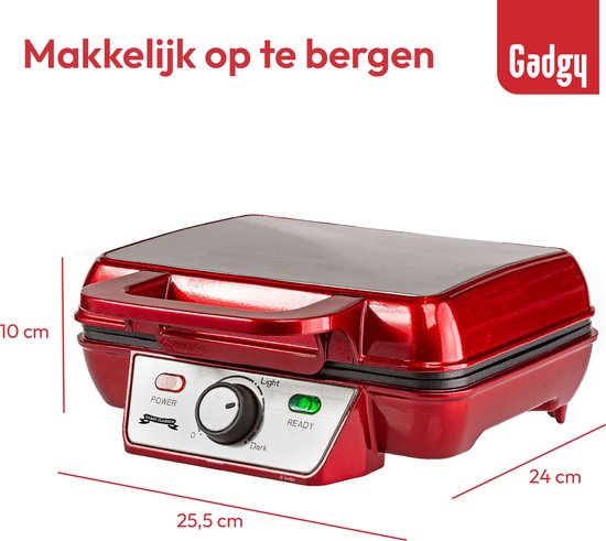 Gadgy Retro Wafelijzer - Anti-Aanbaklaag - 1000 Watt - Regelbare Thermostaat - Rood - 25.6x23.7x9.6 cm