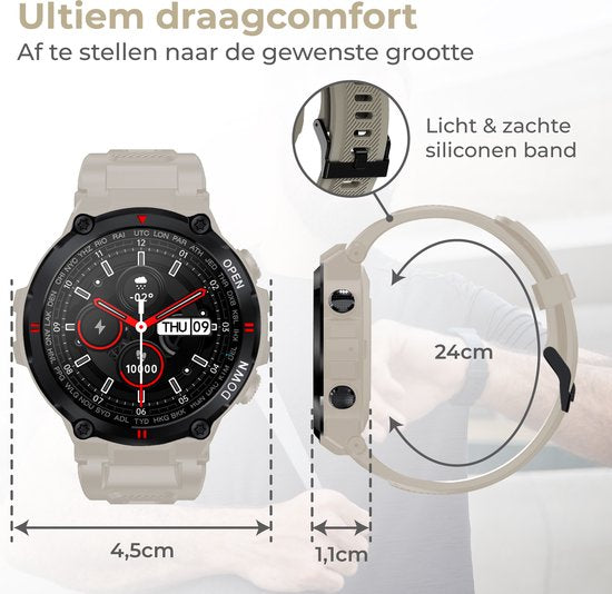 Nuvance - Outdoor Smartwatch - IP67 Waterdicht - Bluetooth Smartwatch voor Dames en Heren - Smartwatches - Sporthorloge met Stappenteller, Calorie Teller, Slaap meter - Geschikt voor alle Smartphones - Grijs