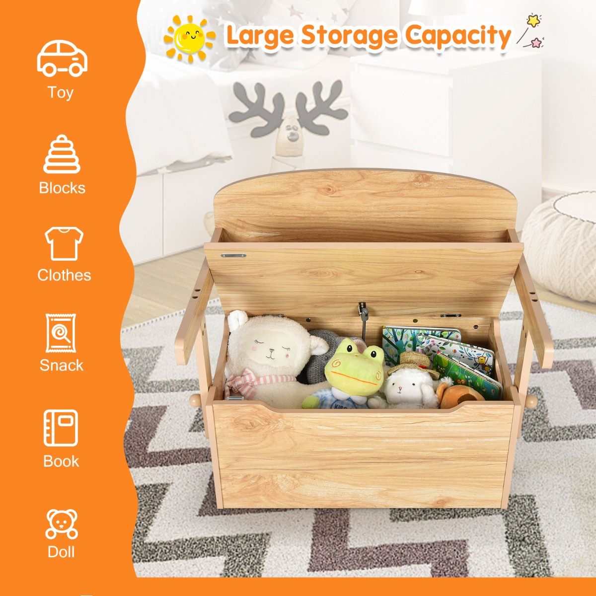 3 in 1 Kinderen Activiteitentafel met Bankje & Opbergbox – 60 x 56,5 x 43,5 cm – Natuurlijk