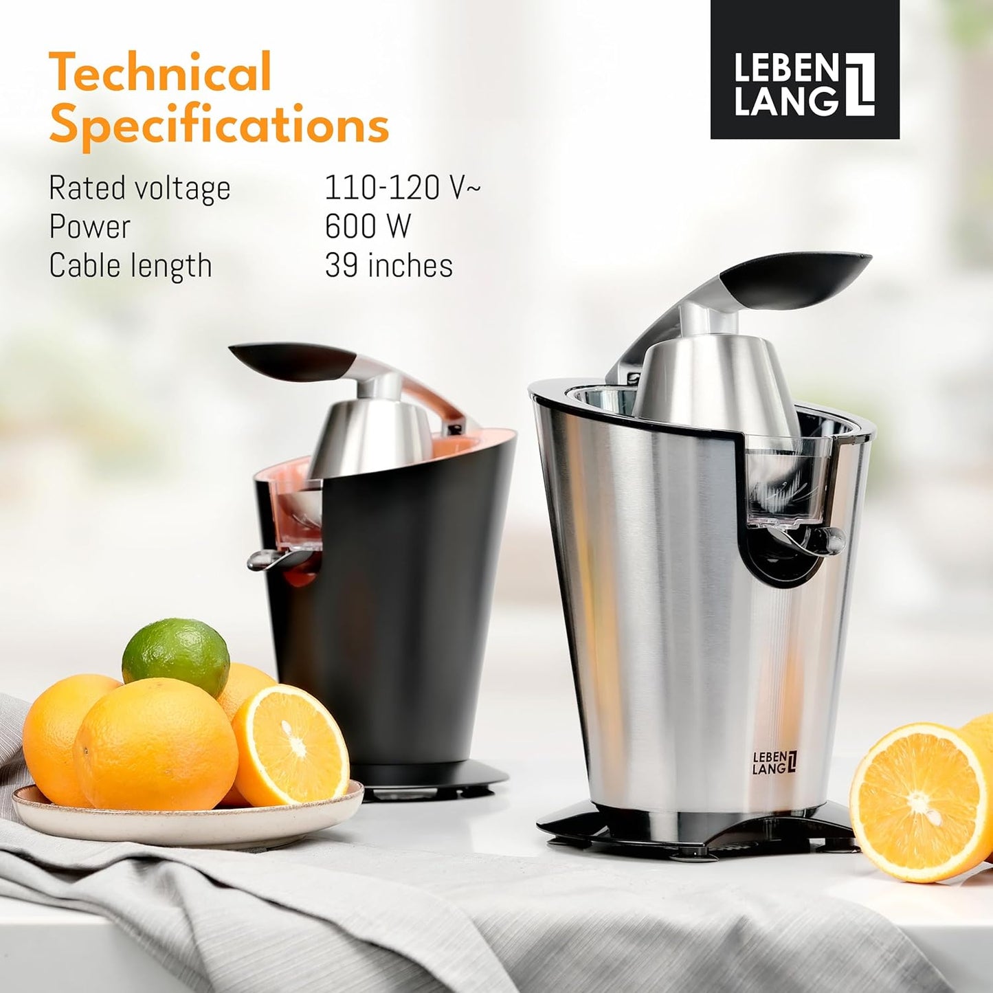 LEBENLANG Elektrische Citruspers – 600W  – 20 x 20 x 31 cm – Zilver