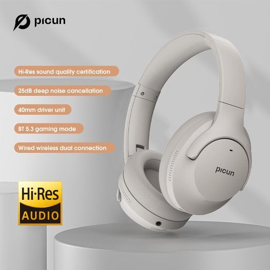PICUN ANC-05L - Draadloze over-ear koptelefoon met Active Noise Cancelling - Hi-Res Sound - Bluetooth headset- Grijs