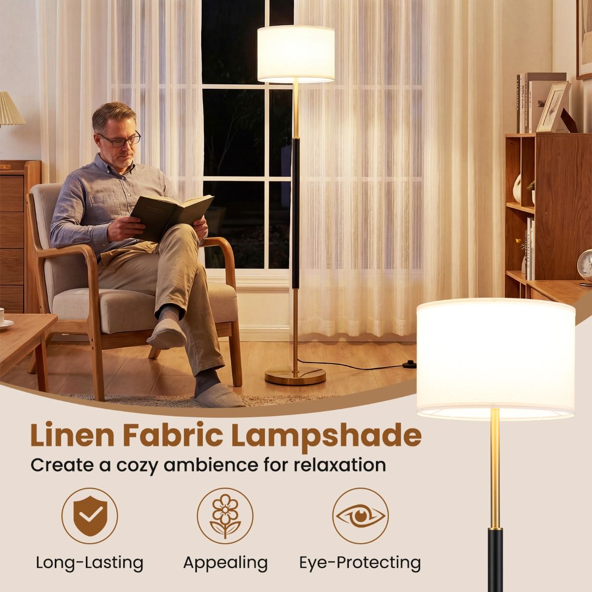 Coast Staande Lamp - linnen lampenkap - voetschakelaar - zwart - 165 cm