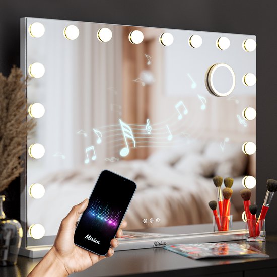 Mirlux Grote Hollywood Spiegel 80x60CM - 2 Bluetooth Speakers - USB & USB-C Oplaadporten - LED Verlichting - Make Up Spiegel - 10x Zoom - Ophangbaar - Wit