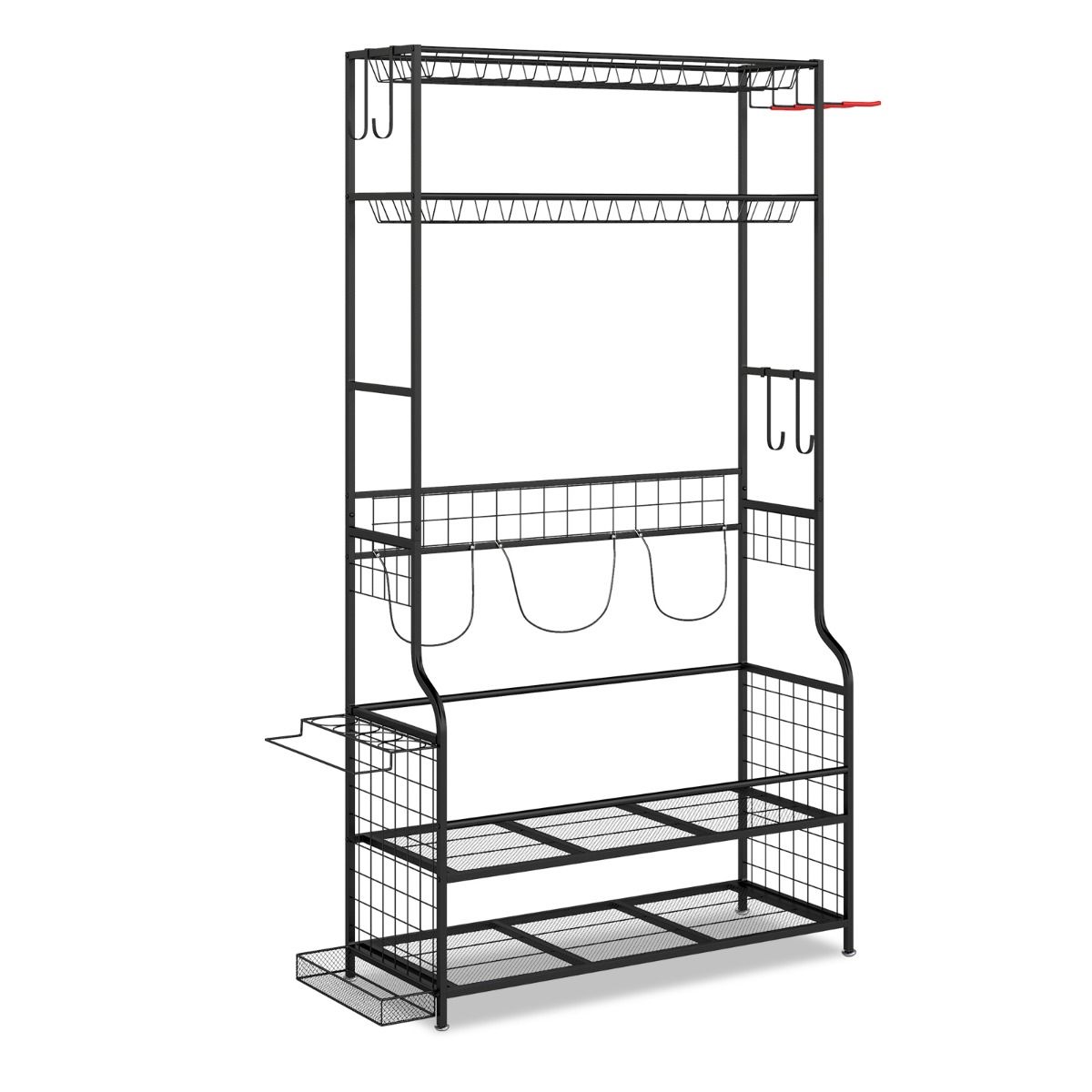 Coast Sportartikelenorganizer - met wieltjes - 4 haken - extra rek voor rackets - zwart 132 x 40,5 x 194 cm