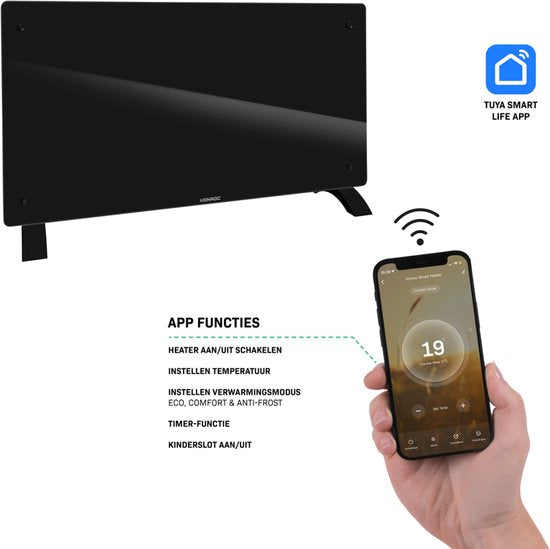 VONROC Luxe elektrische kachel - Convectorkachel met glazen paneel – 1250W/2500W- Verwarmt ruimtes tot 30m2 - Bediening zowel met app (via Wifi) als handmatig – Instelbare thermostaat en timer - Zwart