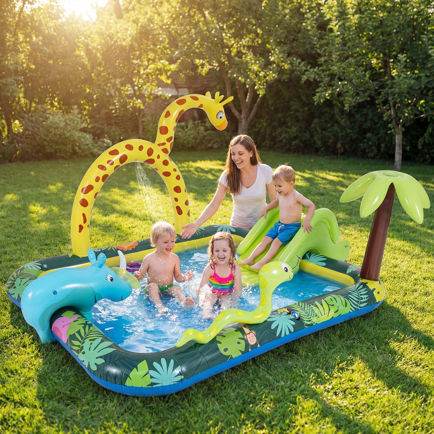 Coast Dieren in de Jungle Opblaasbaar Zwembad met Glijbaan en Sprinkler - Ringwerpspel Waterspeelcentrum voor Kinderen - 208x178x138 cm - Multikleur