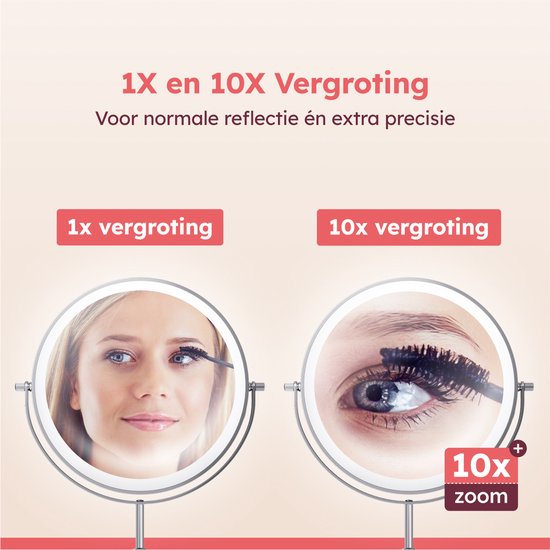 Fraay® XL Make Up Spiegel met LED Verlichting - 10x Vergroting - Vergrootspiegel met Licht - Oplaadbaar - Scheerspiegel - Badkamerspiegel - Chroom