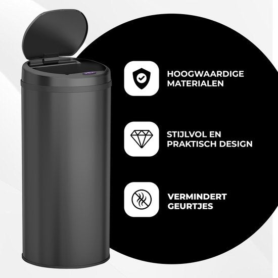 Bayt Prullenbak - Prullenbak 50 Liter - Prullenbak met Sensor - Vuilnisbak - Afvalbak - Afvalemmer - Zwart