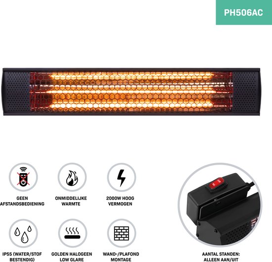 VONROC Terrasverwarmer – Waterdicht & Lowglare – 2000 W – 57 x 11 x 11,4 cm – Zwart