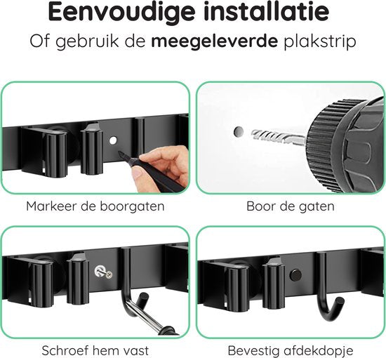 Volcan Bezemhouder - Bezem Ophangsysteem Tuingereedschap - 9 Houders 10 Haken - Zelfklevend 3M Tape - Gereedschapshouder - RVS Zwart