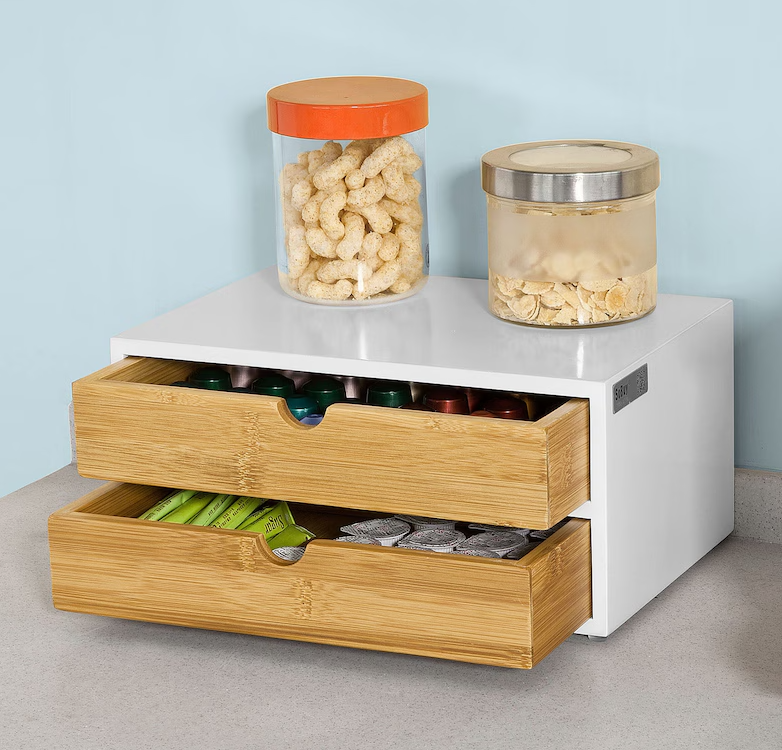 SoBuy 2-Laags Opberglade voor Koffiecapsules - Organizer voor Koffie en Theezakjes - 30 x 20 x 14 cm - Wit