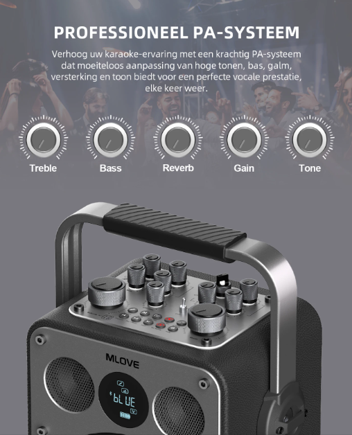 MLOVE D5 Karaoke Machine - 200W - 2 Draadloze Microfoons - Bluetooth - Zwart
