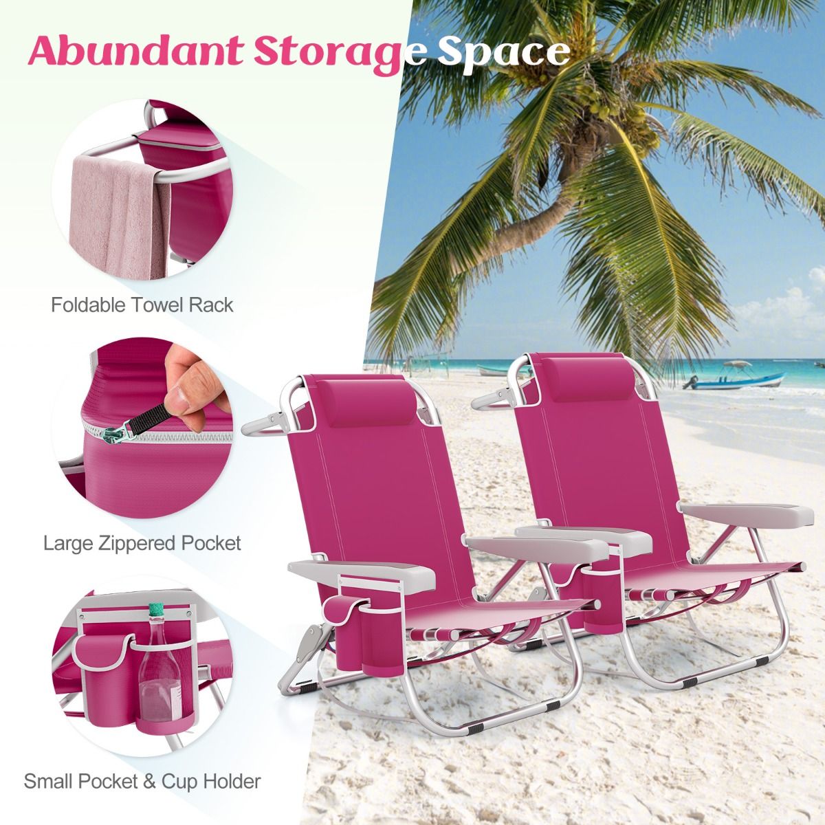 Coast Strandstoel Verstelbare Rugleuning 5-Standen Opvouwbare Ligstoel met Bekerhouder en Opbergvakken Roze 66x65x78 cm – 2 Stuks