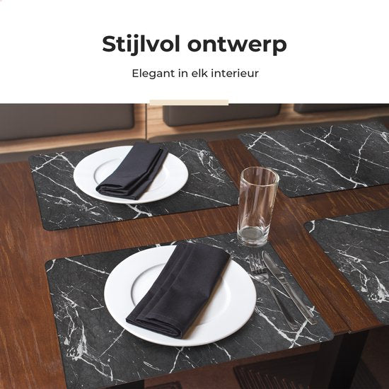 Castagnola Lederlook Placemats - Antislip Placemat van Kunstleer - Waterafstotende Onderlegger - Onderzetter - 6 Stuks - 45 x 30 cm - Zwart/Wit - Marmerpatroon