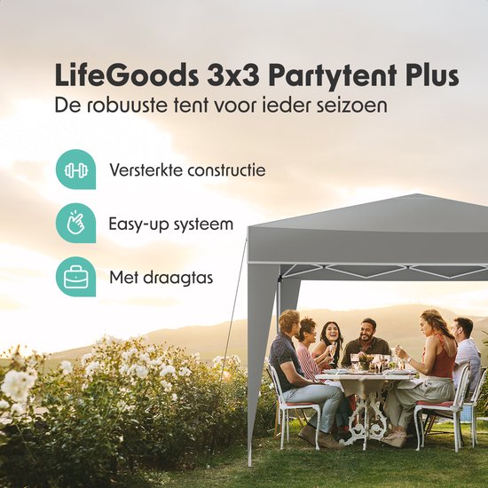 LifeGoods Partytent Plus - Opvouwbare tent - 3x3 m - Easy Up - Versterkt Frame - Waterdicht – Draagtas - Grijs