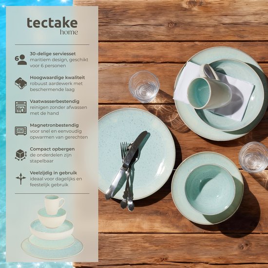 tectake® Serviesset Mare - 30-delig - Aardewerk met Glanzend Glazuur - 6 Persoons - Handgemaakt Servies - Moderne Bordenset met Grote en Kleine Borden, Kommen, Schaaltjes en Kopjes - Vaatwasser- en Magnetronbestendig - Munt