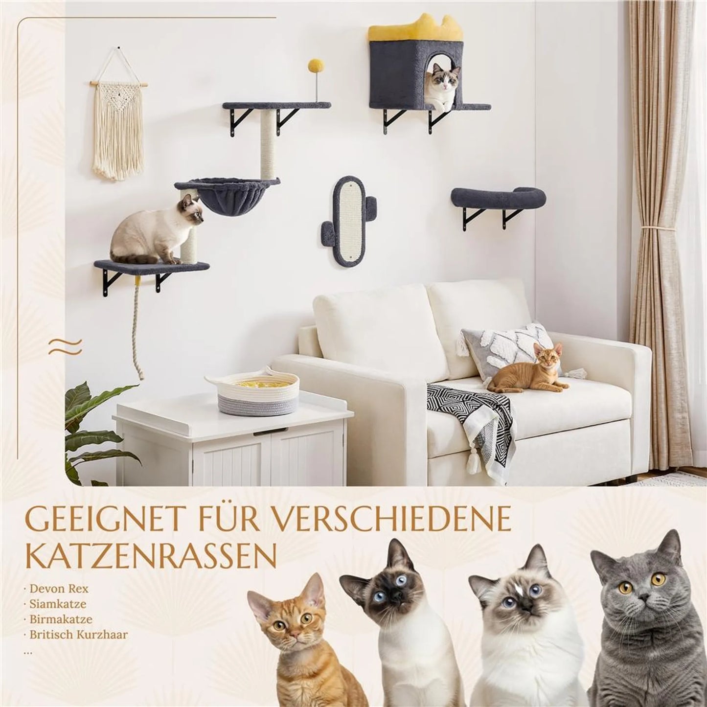 Yaheetech Kattenmeubels Voor Wandmontage Set – 49 x 30 x 40 cm – Voorzien Van Kattenhol En Ligmand En Sisal Krabpalen En Meerdere Platforms – Voor 1-5 Katten – Donkergrijs Pluche En Metaal