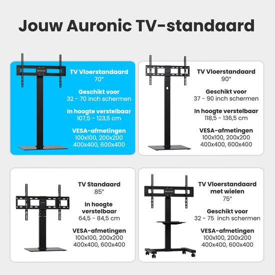 Auronic TV Standaard Verrijdbaar voor 32 tot 75" TV's - TV Voet op Wielen - Universeel - In Hoogte Verstelbaar - Draaibaar - Kantelbaar - Voor 55", 65" en Meer - Zwart