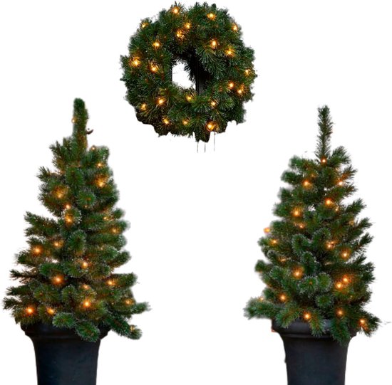 Black Box Trees Glendon - Set van 2 Kerstbomen en 1 Krans met LED Verlichting - Groen