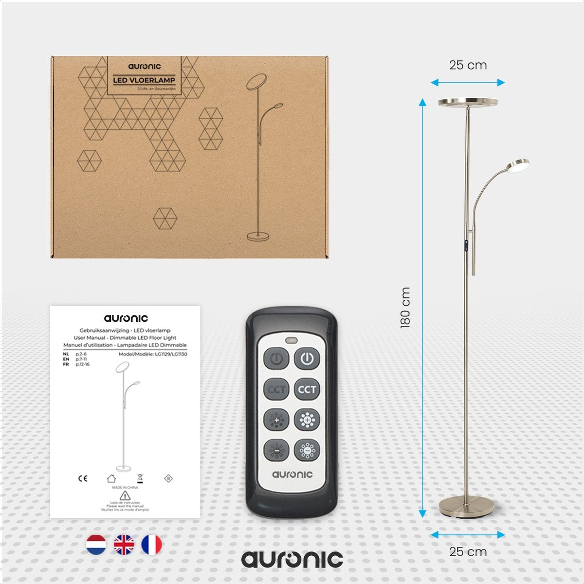 Auronic Vloerlamp - Staande Lamp Industrieel - 181cm - LED - Dimbaar en Kantelbaar - met Afstandsbediening - Geschikt voor Woonkamer - Zilver