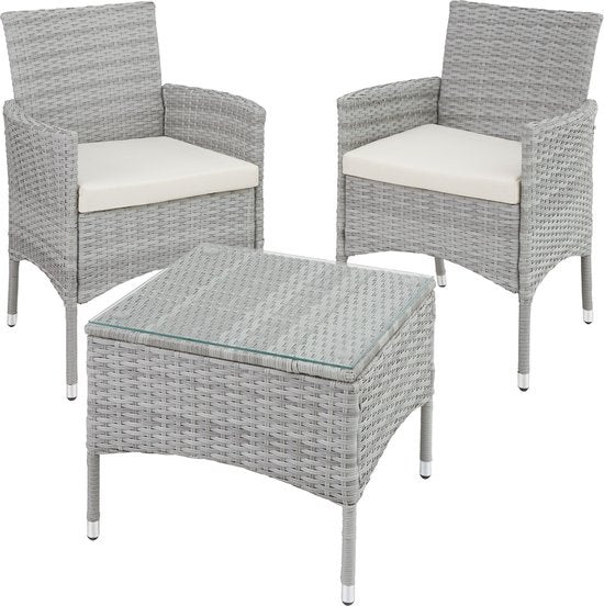 tectake® - wicker meubelen tuinset met verwisselbare hoezen, 2 stoelen en tafel met glazen blad, 2x outdoor loungestoelen met armleuningen en tuintafel, tuinmeubelset, balkonmeubilair - lichtgrijs - poly-rattan