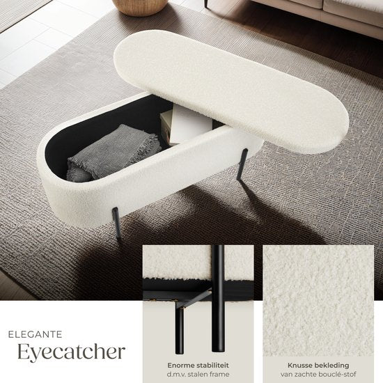 tectake® Zitbank met opbergruimte - Gestoffeerde opbergbox - Zitkist met opbergruimte, gestoffeerd - Bouclé-stof in Scandi-stijl - 97x36x42cm - cremewit