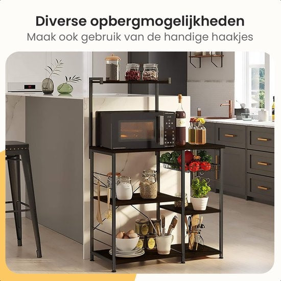 Goliving Keukenkast – Keukenrek Staand – Magnetronkast – Organizer – Metaal – Hout – 90 x 40 x 132 cm – Zwart
