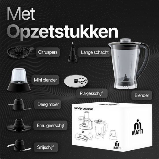 MATTI® 5-in-1 - Foodprocessor - 1500 Watt - Keukenmachine - Multifunctionele Foodprocessors | Blender - Hakmolen - Citruspers - IJscrusher