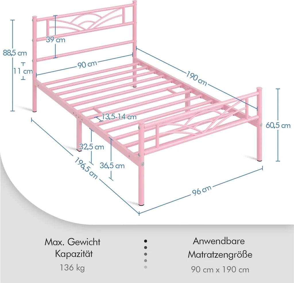 Yaheetech Metalen Bedframe 90 x 190 cm - Lichtroze - Eenpersoonsbed met Wolkenpatroon Hoofdbord
