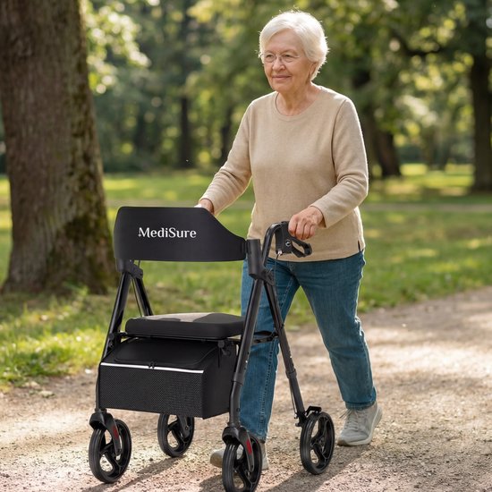 Medisure Rollator - Rollators - Rollator Lichtgewicht en Opvouwbaar - Draagkracht 150 KG - In Hoogte Verstelbaar - Met Tas - Zwart