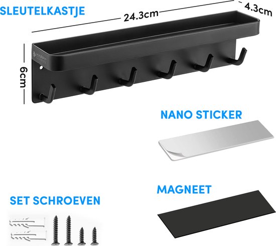 Happy Goods® - Sleutelrekje - sleutelhouder - zelfklevend, magnetisch en schroefjes - RVS - Zwart