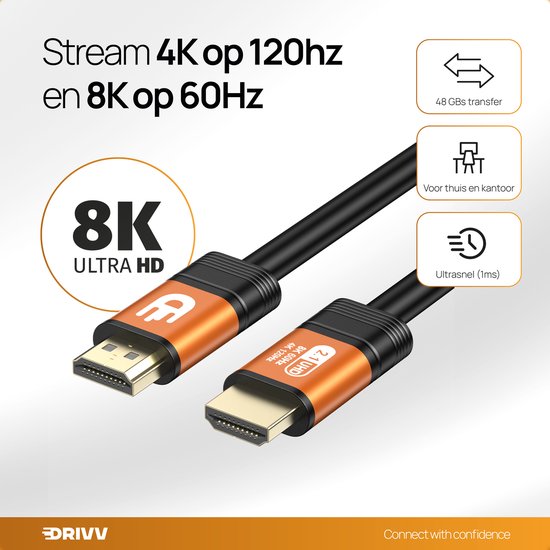 Drivv. Premium HDMI Kabel 2.1 - Ultra HD - 8K 60Hz - 4K 120Hz - Geschikt voor gameconsoles - 10 meter - Oranje