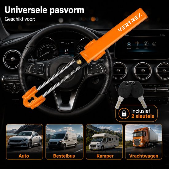 Vertrex Stuurslot Auto - Anti-Diefstal - Universeel voor Auto & Camper - Zichtbare Afschrikking - met 2 Sleutels