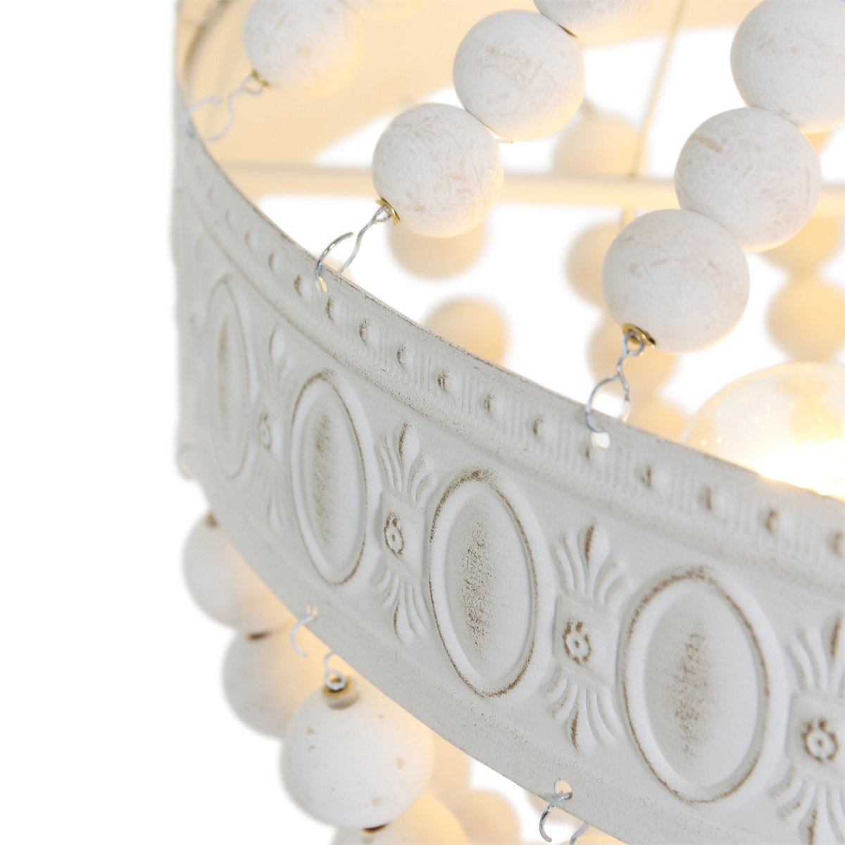 Hanglamp Ella 10191W - Trendy Witte Kralenlamp van Hout en Metaal, Verstelbare Hoogte 70-155 cm - Merk: Mexlite