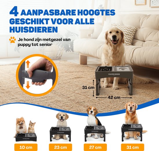 Vulpes Goods® Pets - Voerbak Hond met Standaard - Drinkbak Hond Anti Knoei - Anti Schrokbak Hond - Verhoogde Voerbak - 4 Hoogtes - Slow Feeder - Dubbel - Zwart
