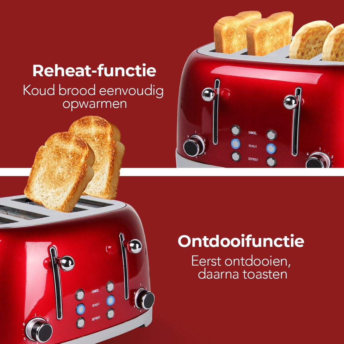 KitchenBrothers Retro Broodrooster - 6 Warmteniveaus - 4 Extra Brede Sleuven - 1630W - Reheat en Ontdooi-functie - Rood