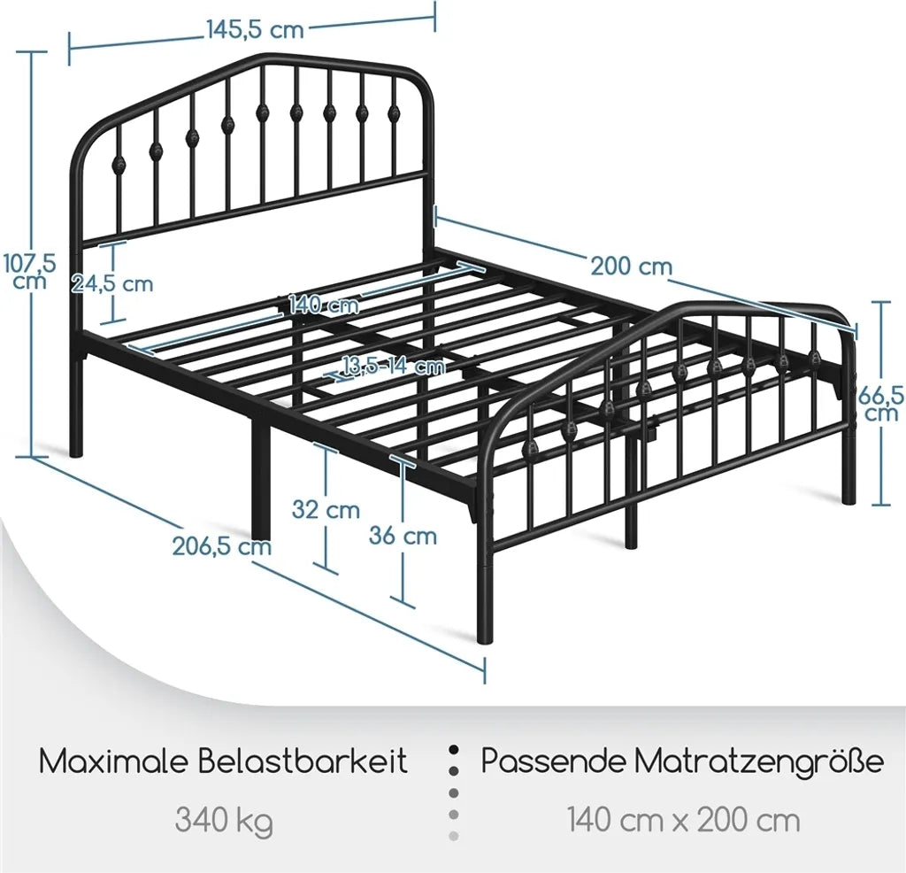 Yaheetech Metalen Bedframe - 140x200 cm - Vintage - Met Hoofdbord - Zwart - Industrieel Design